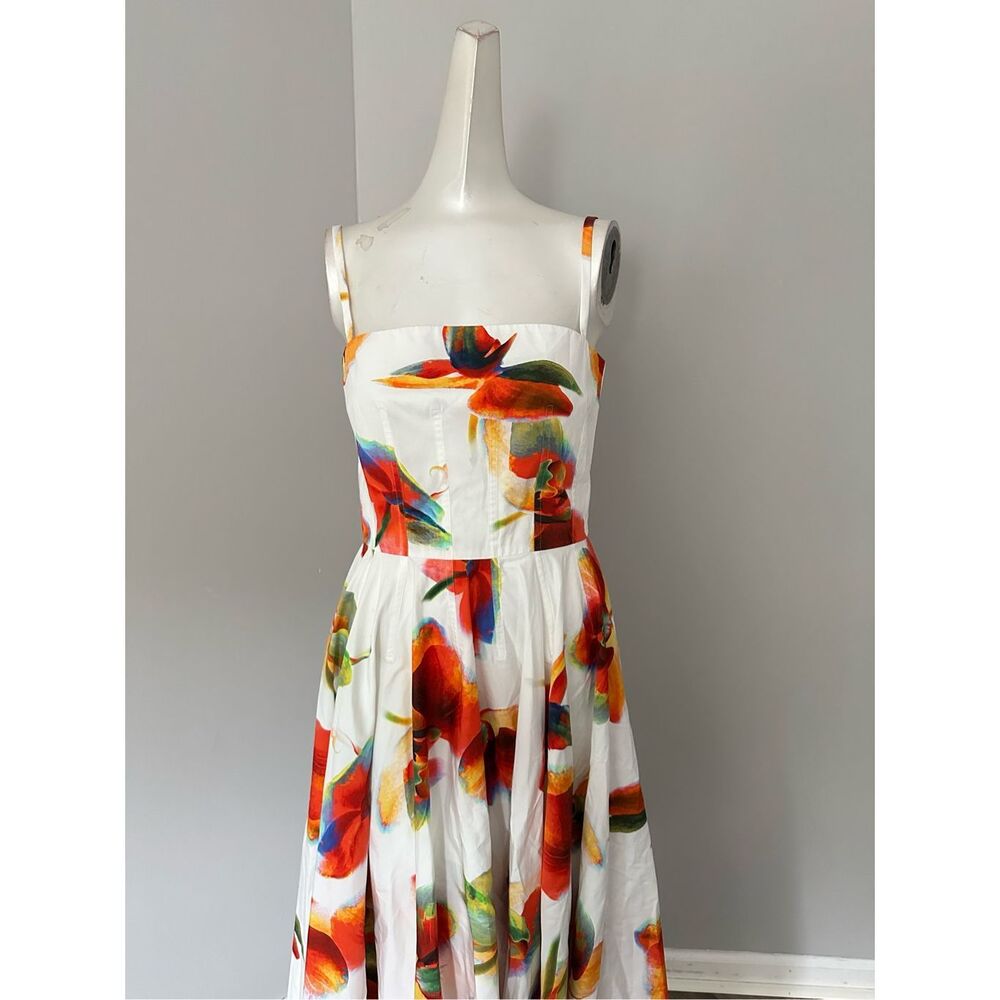 NWT Alexander McQueen Orchid Print A-Line Midi Dress Tropical White Red Size 2 $ - Picture 5 of 12